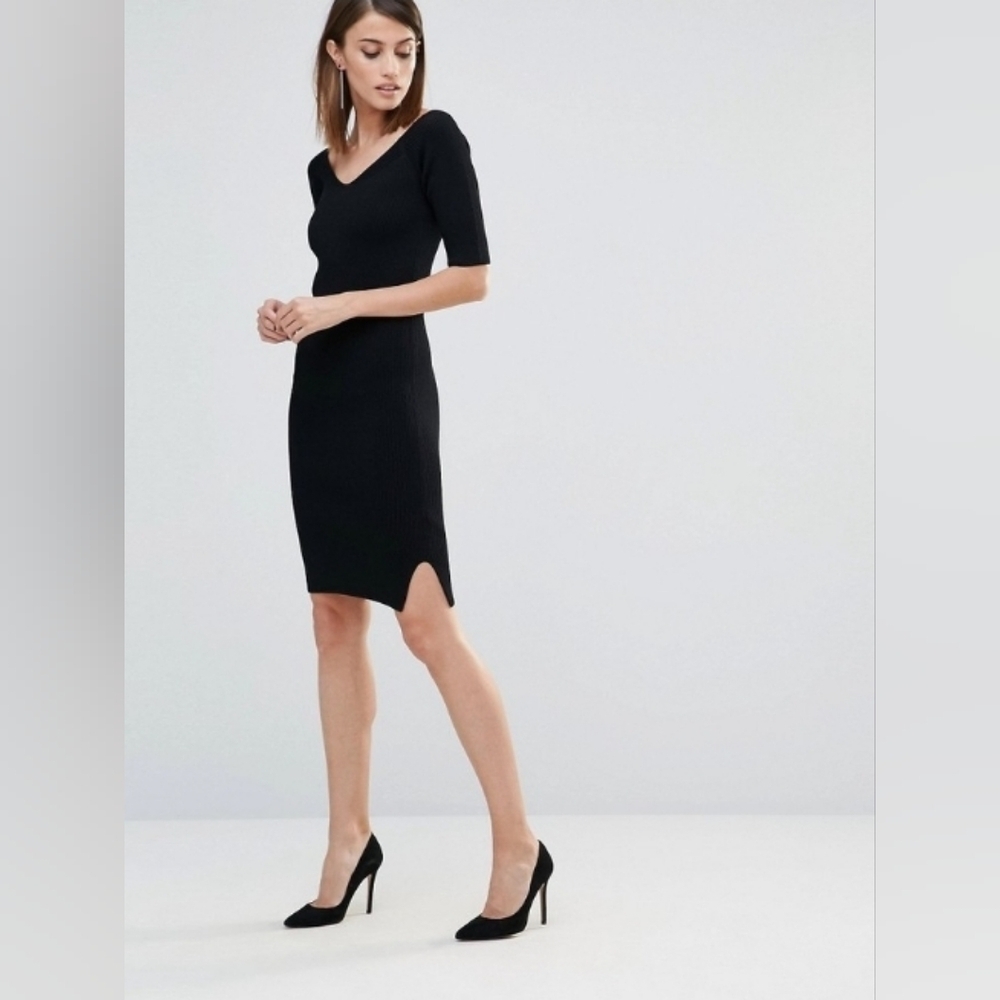 Whistles Ribbed Little Black Dress Size 4 Bodycon Side Slits Sexy Chic Glam
